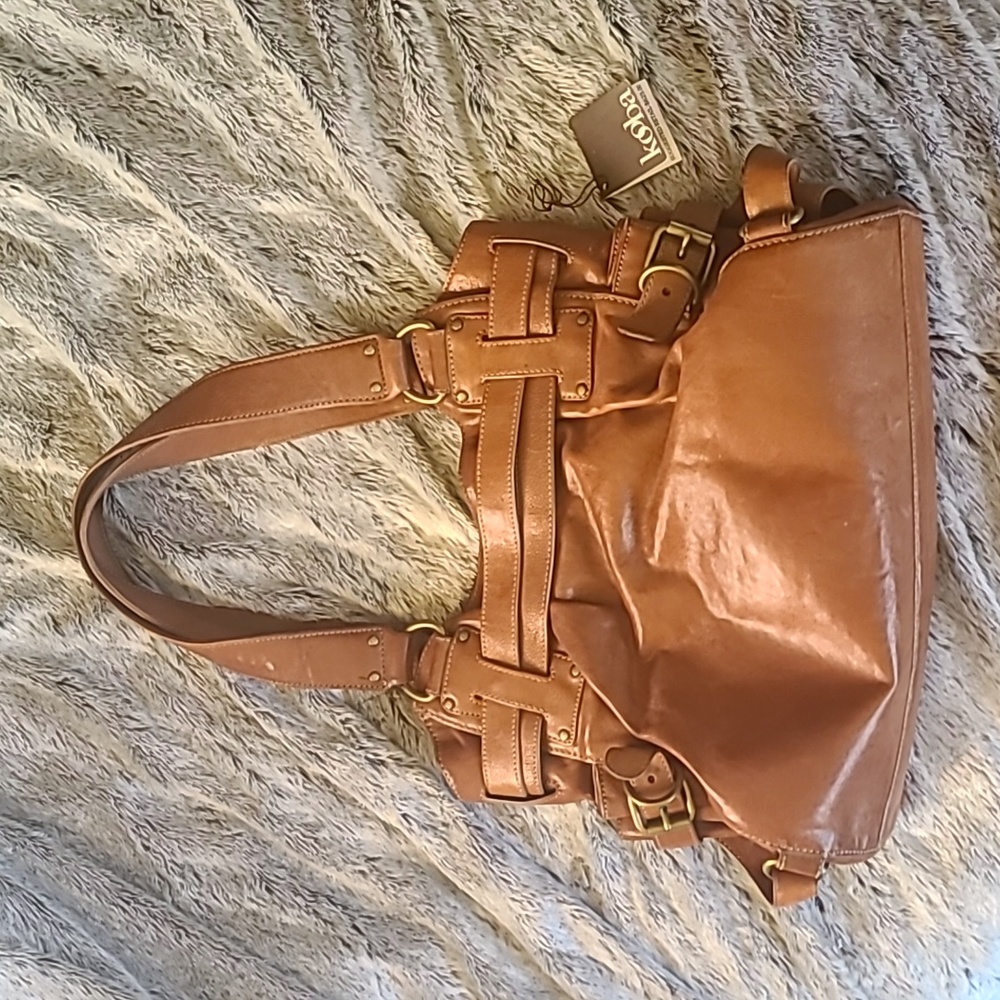 👜NWT KOOBA LENA Large Leather Cognac Buckle Bag with microsuede interior- MINT! - Picture 4 of 7